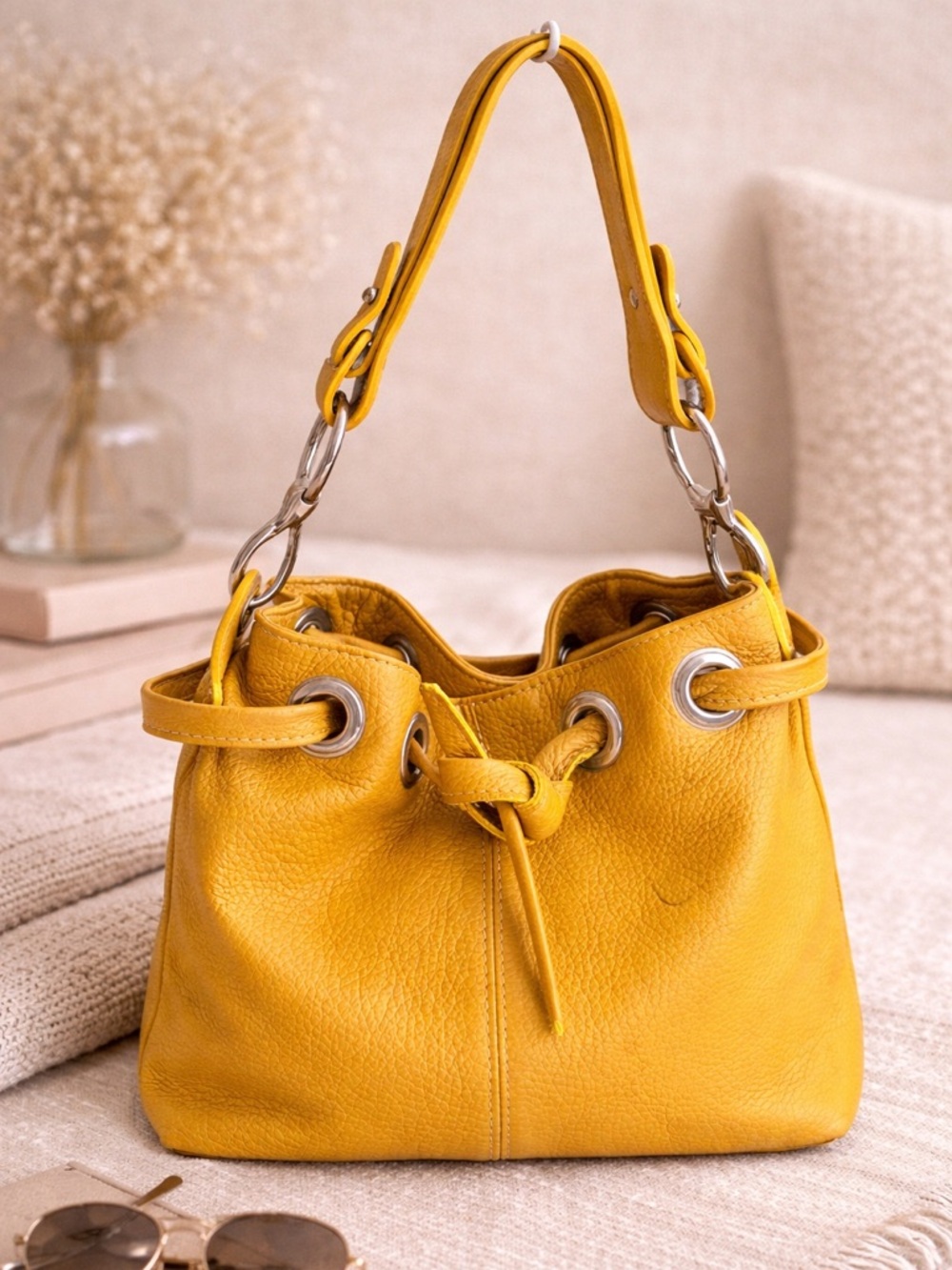 Cuoieria Fiorentina Italian Leather Yellow Bucket Bag Drawstring Shoulder Boho